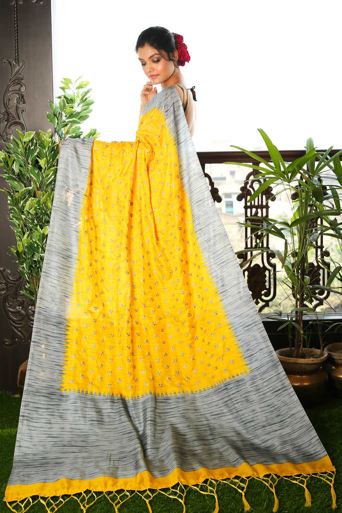 Yellow Silk Saree With Butta freeshipping - Charukriti