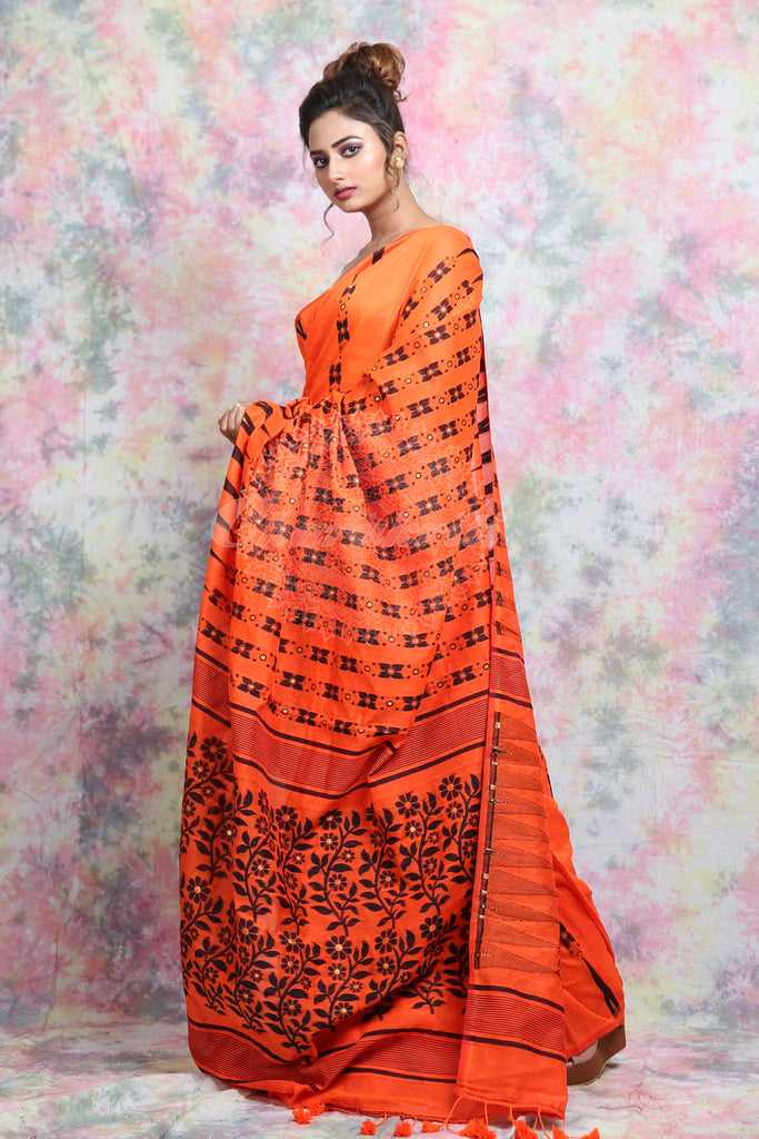 Orange Jamdani With Black Thread Weaving Saree And Jhumka Pompom freeshipping - Charukriti