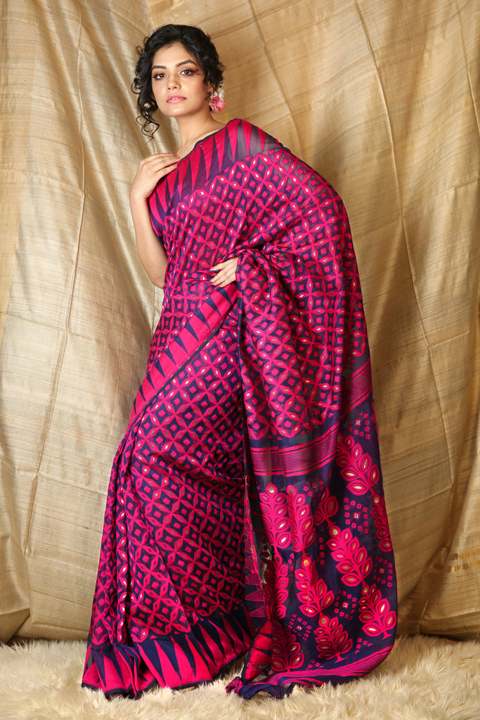 Blue Jamdani Saree With Pink Minakari work - charukriti.co.in