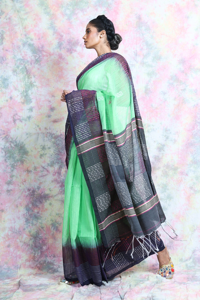 Mint Green Handloom Saree With Thick Thread Weaving Design freeshipping - Charukriti