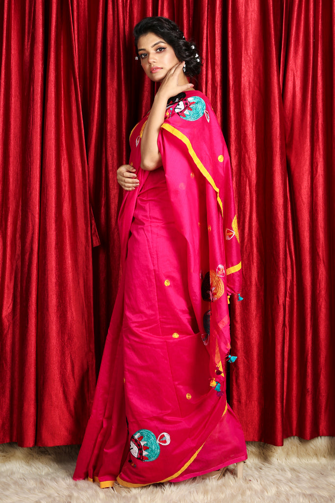 Magenta Blended cotton Saree With Embroidery Work freeshipping - Charukriti