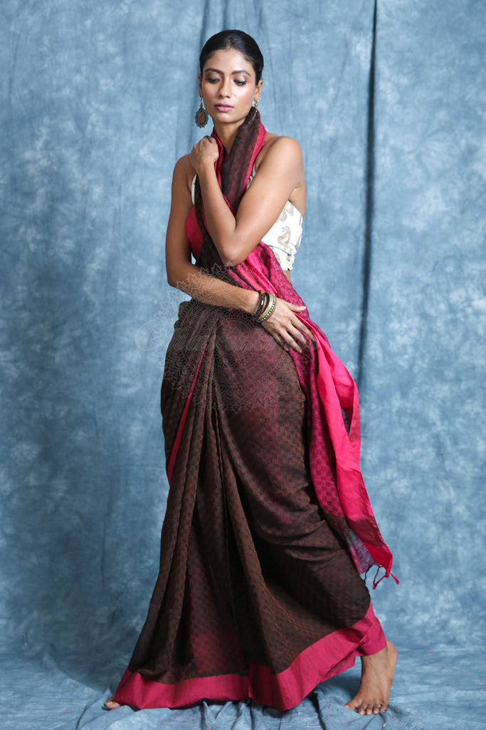 Brown Handloom Saree with Allover Texture Weaving freeshipping - Charukriti