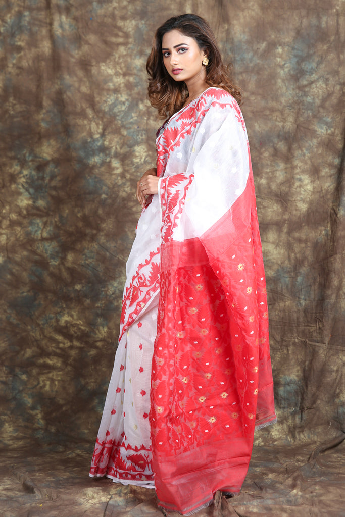 Allover Butta Weaving White Jamdani Saree freeshipping - Charukriti