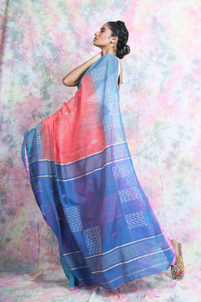 Peach & Light Blue Handloom Saree With Thick Thread Weaving Design freeshipping - Charukriti