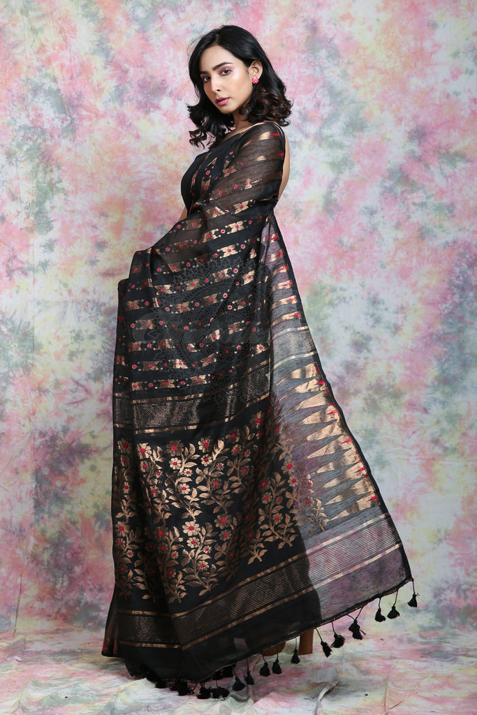 Black Jamdani With Copper Zari Thread Weaving Saree And Jhumka Pompom freeshipping - Charukriti