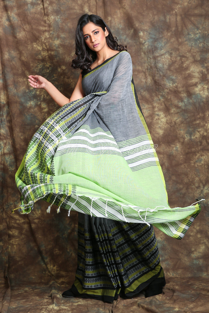 Grey Begampuri pure cotton saree with skirt border freeshipping - Charukriti