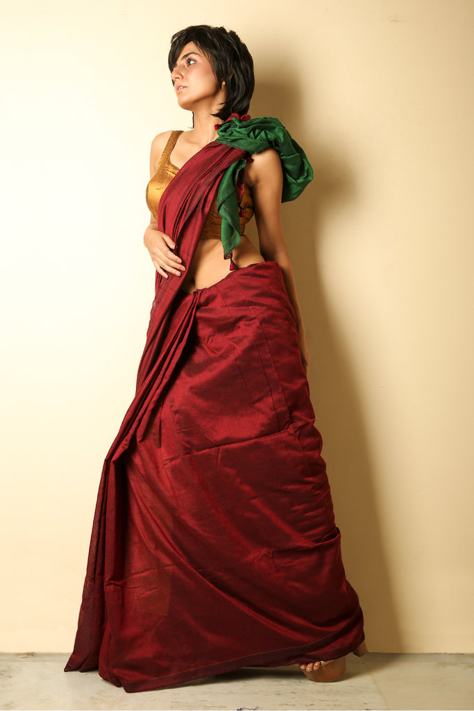 Dark Red Khadi Cotton Saree With Green Pallu freeshipping - Charukriti