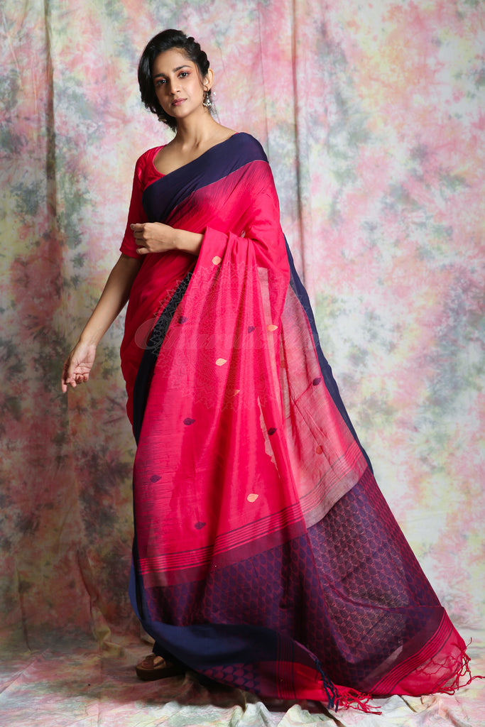 Rani Pink Design Handloom Saree With Water Drop Design Pallu freeshipping - Charukriti