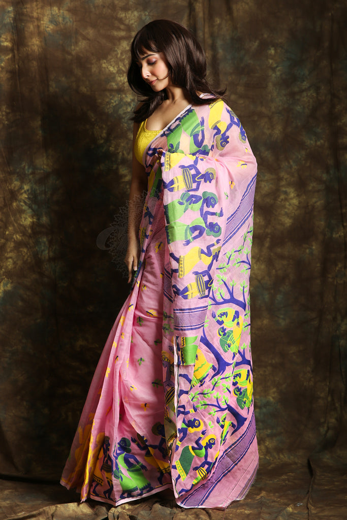 This light pink jamdani saree by Charukriti is crafted in cotton and features multicolor thread weaving details all over - Charukriti.co.in