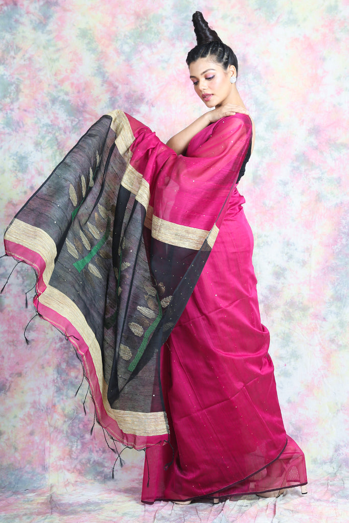 Deep Pink Sequine Saree With Rich Pallu freeshipping - Charukriti