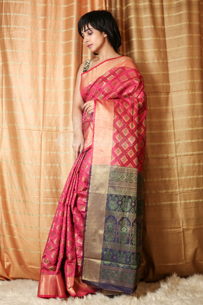 Pink Patola Saree with All Over Box Weaving freeshipping - Charukriti