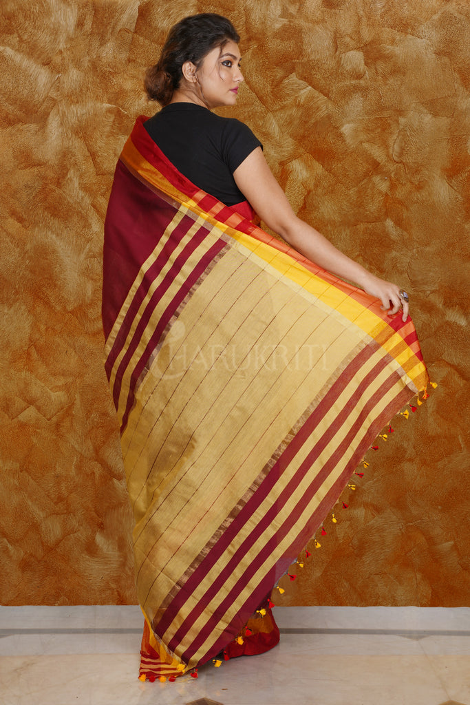 WINE BLENDED COTTON SAREE WITH MULTI-COLOR BORDER AND MELLOW YELLOW PALLU freeshipping - Charukriti