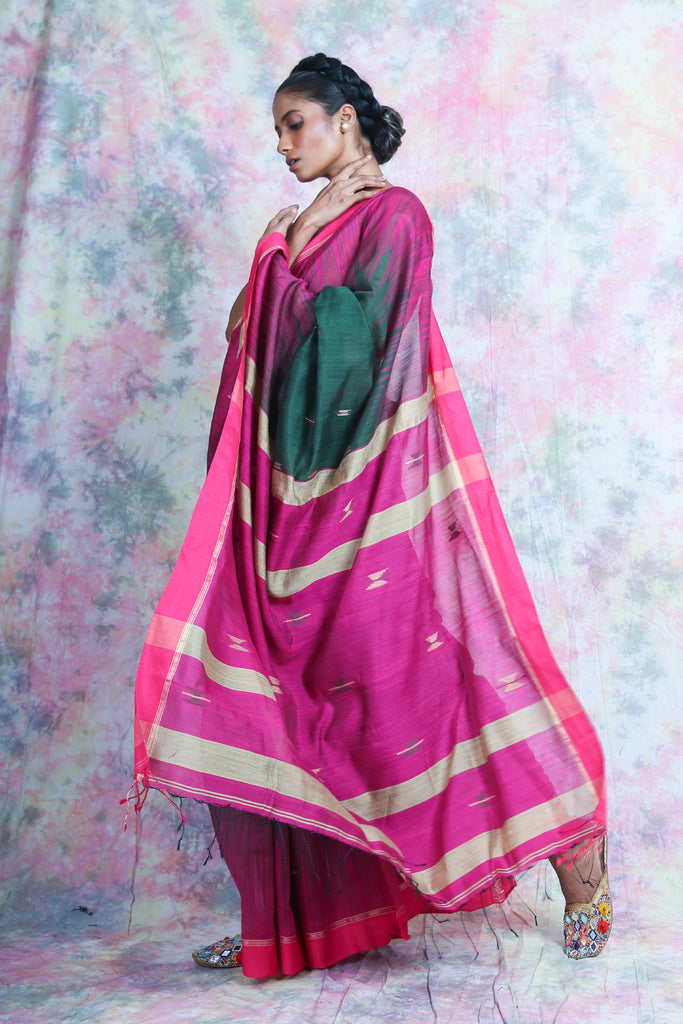 Pink & Green Ikkat Style Handloom Saree freeshipping - Charukriti