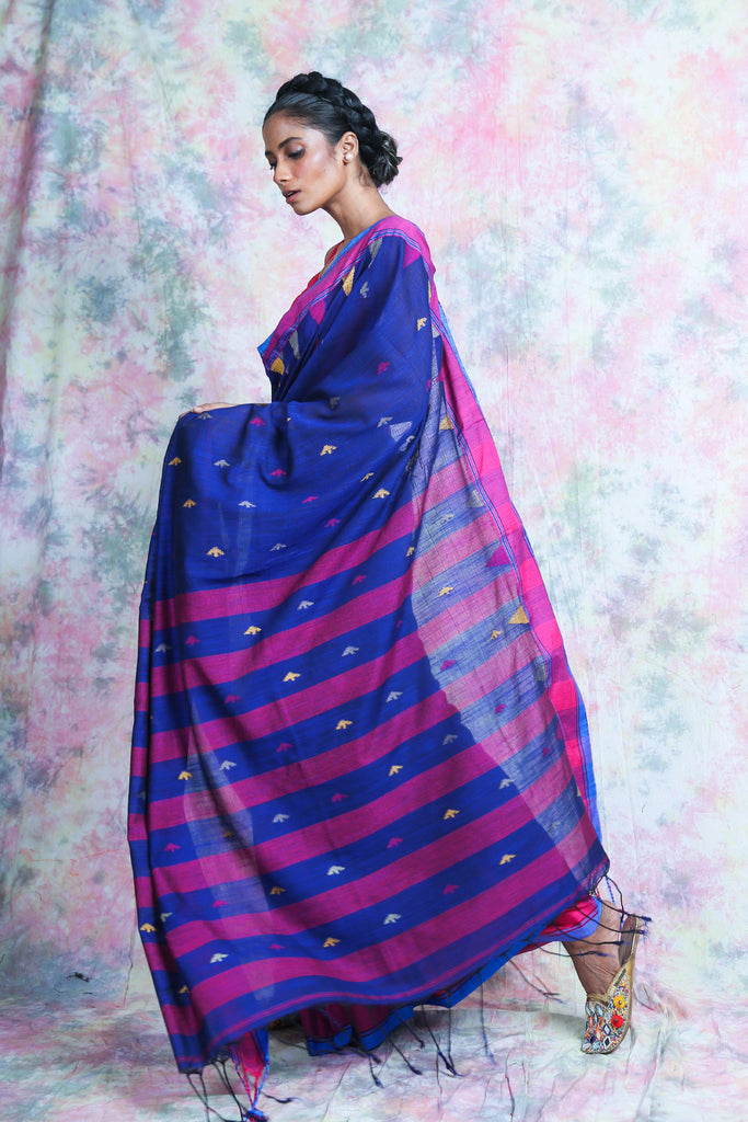 Temple Design Weaving Blue Handloom Saree freeshipping - Charukriti