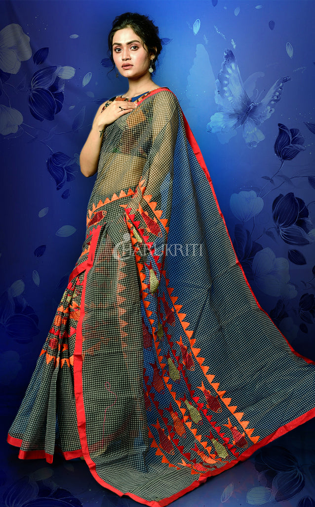 BLACK AND RED RESHAM CHECK WITH WORK IN MIDDLE AND PALLU freeshipping - Charukriti