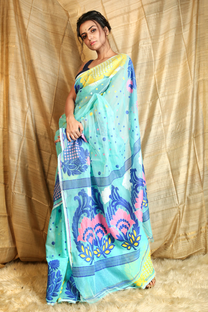 Sky Blue All Over weaving Jamdani Saree freeshipping - Charukriti