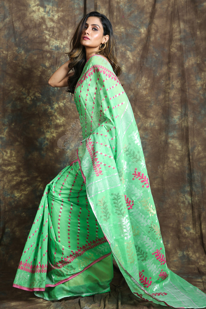 Allover Rich Weaving Light Green Jamdani Saree freeshipping - Charukriti