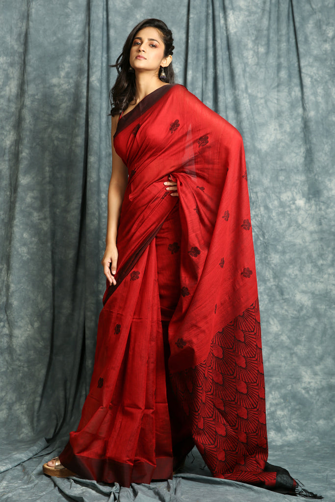 Cherry Red Linen Saree with Rich Weaving Pallu freeshipping - Charukriti