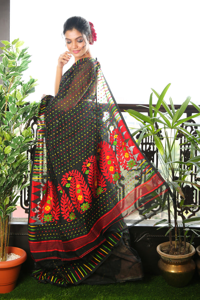 Black Jamdani Saree With Allover Multicolor Butta freeshipping - Charukriti
