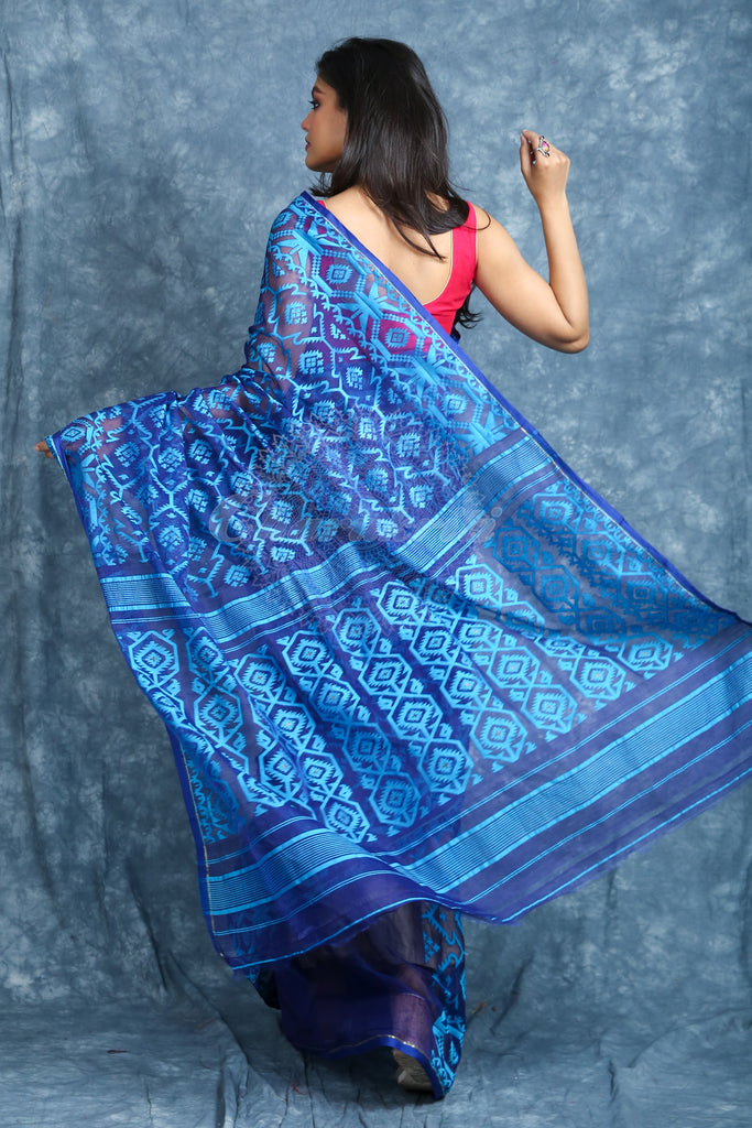Blue Jamdani Saree With Allover Weaving freeshipping - Charukriti