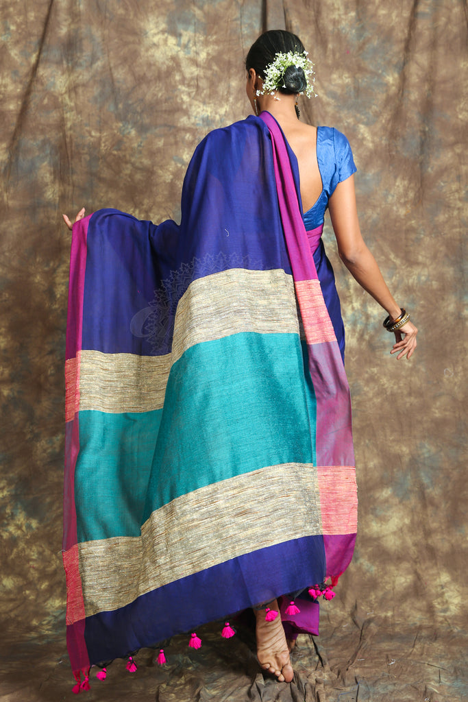 Blue Handloom Saree With Pink Border freeshipping - Charukriti