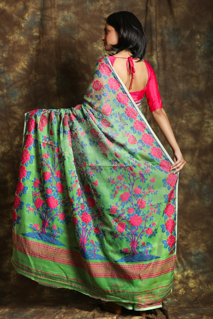 Green Jamdani Saree with Allover Rose Motive Weaving freeshipping - Charukriti
