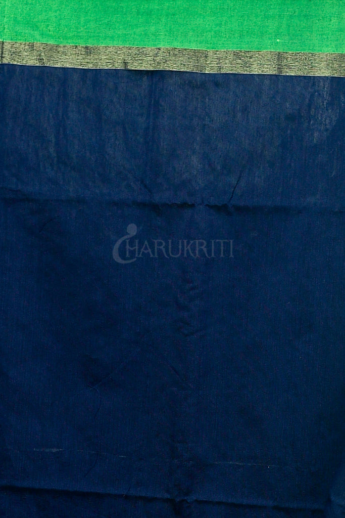GREEN BLENDED COTTON SAREE WITH ROYAL BLUE PALLU freeshipping - Charukriti