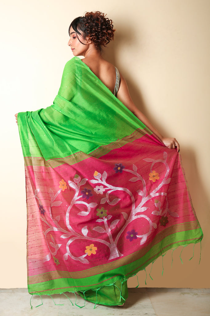 Kelly Green Sequin Saree With Pink Weaving Pallu freeshipping - Charukriti