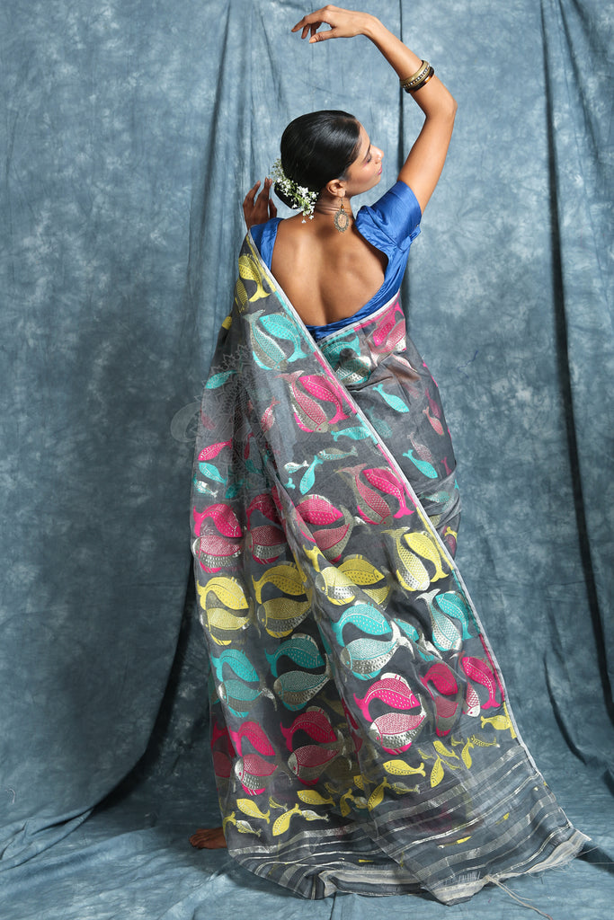 The Grey Color Saree Is Crafted With Multicolor Fish Motif Work All Over The Body And Pallu - Charukriti.co.in