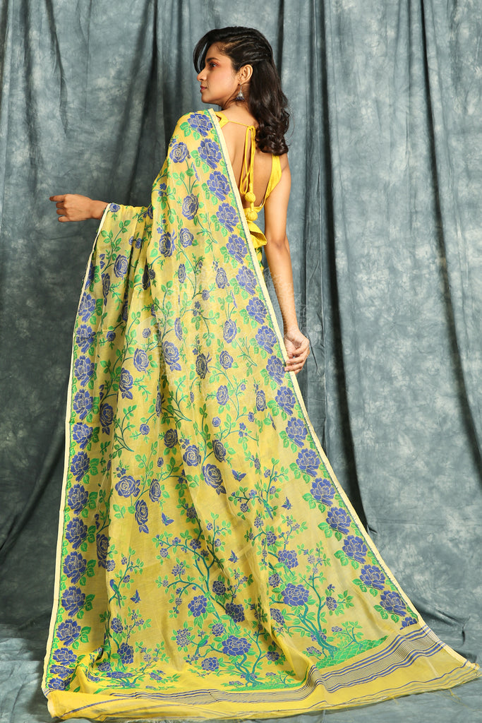 Yellow Jamdani Saree with Allover Floral Weaving freeshipping - Charukriti