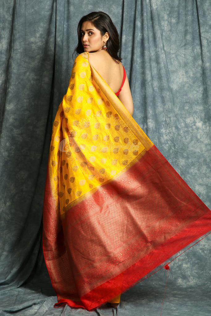 Yellow Silk Saree With Copper Zari Weaving freeshipping - Charukriti