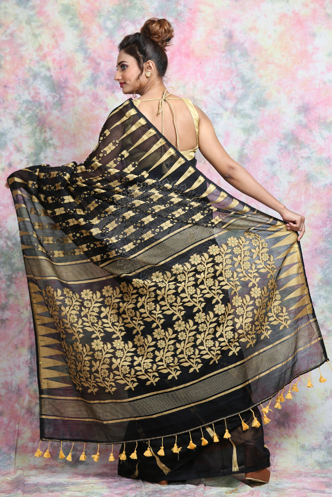 Black Jamdani With Beige Thread Weaving Saree And Jhumka Pompom freeshipping - Charukriti