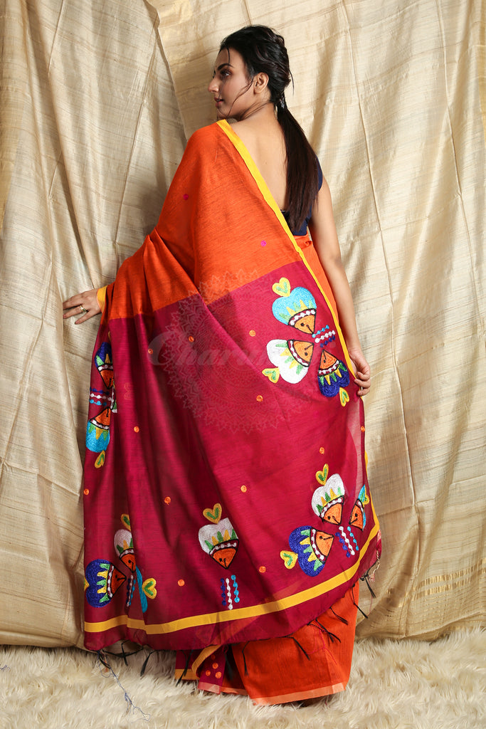 Orange & Magenta Handloom with All Over Embroidery Work freeshipping - Charukriti