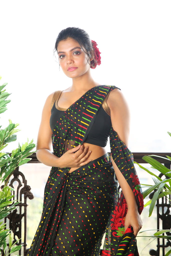 Black Jamdani Saree With Allover Multicolor Butta freeshipping - Charukriti