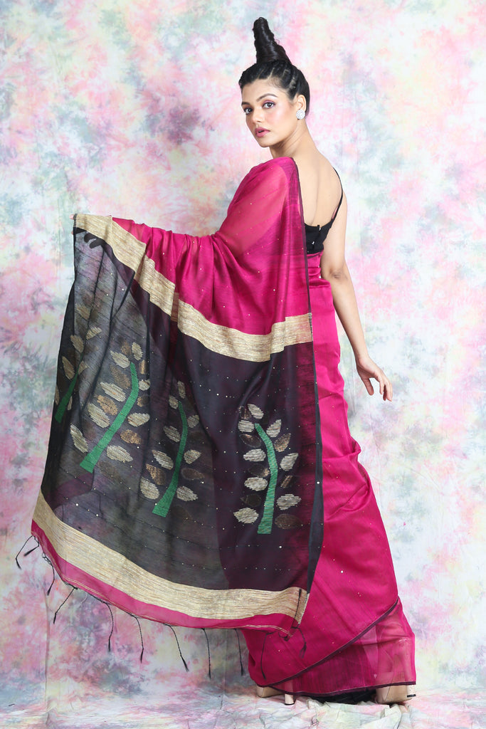 Deep Pink Sequine Saree With Rich Pallu freeshipping - Charukriti