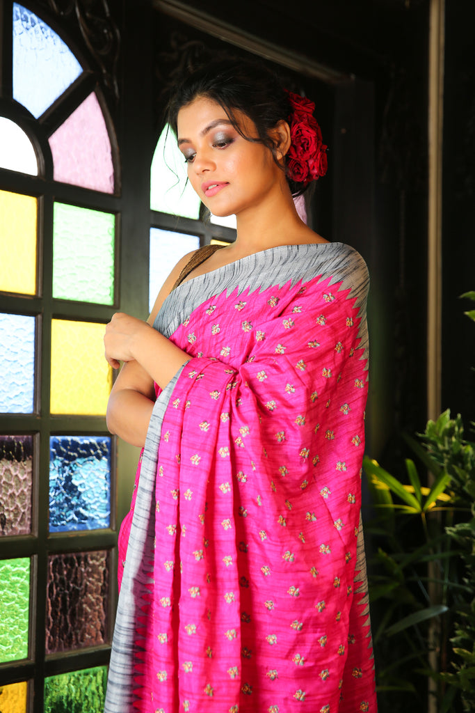 Pink Silk Saree With Printed Butta freeshipping - Charukriti