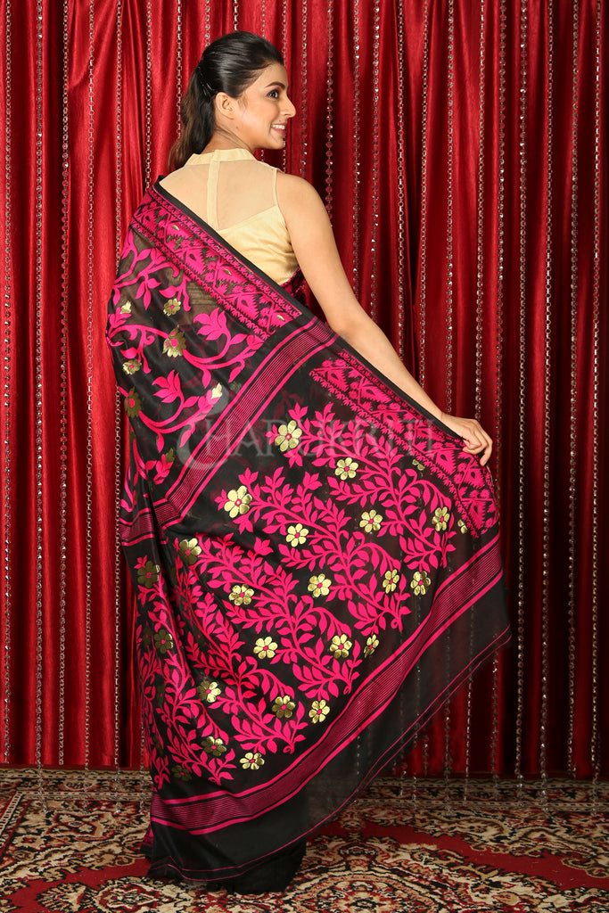 Black Jamdani Saree With Pink Thread Weaving freeshipping - Charukriti