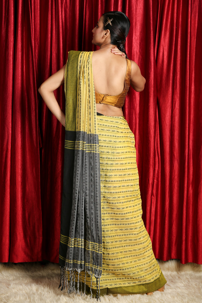 Light Yellow & Black Cotton Saree With All Over Fish Weaving freeshipping - Charukriti