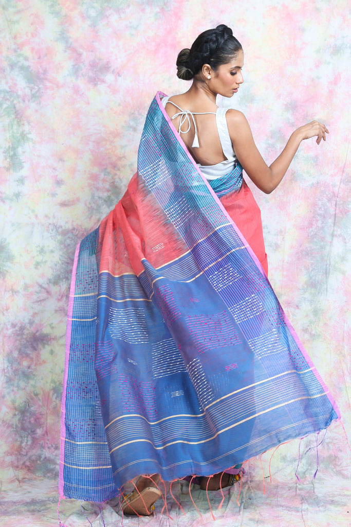 Peach & Light Blue Handloom Saree With Thick Thread Weaving Design freeshipping - Charukriti