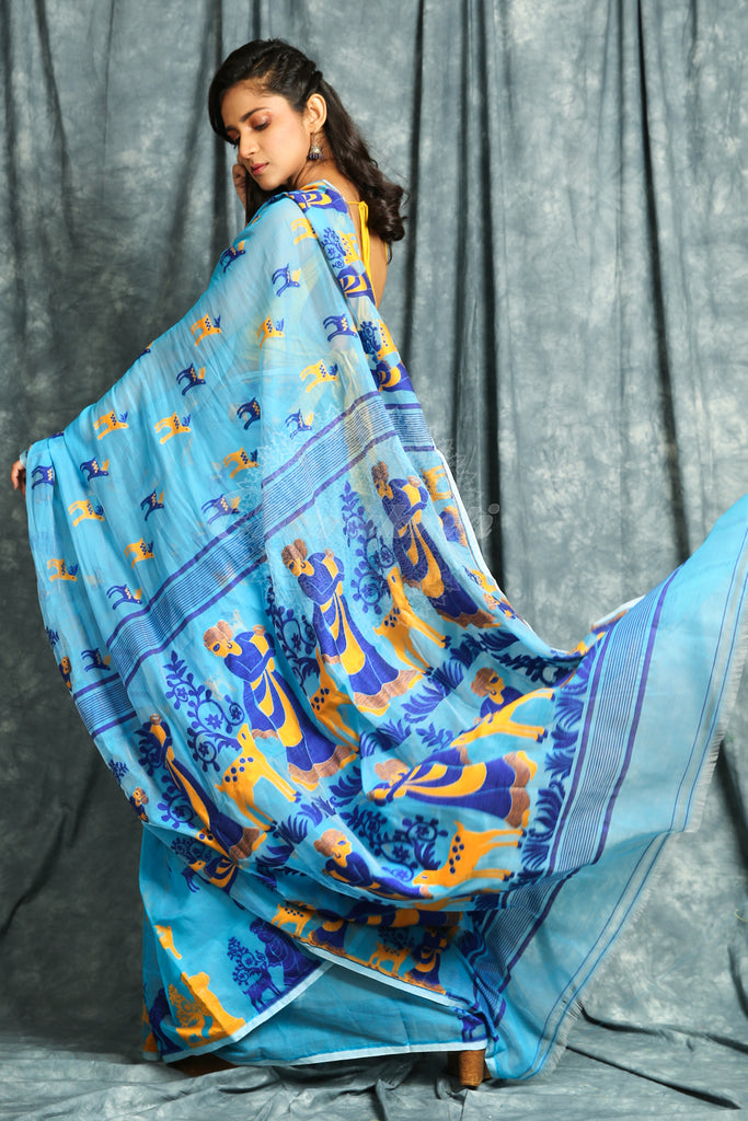 Sky Blue Jamdani With Allover Animal Motive Weaving freeshipping - Charukriti