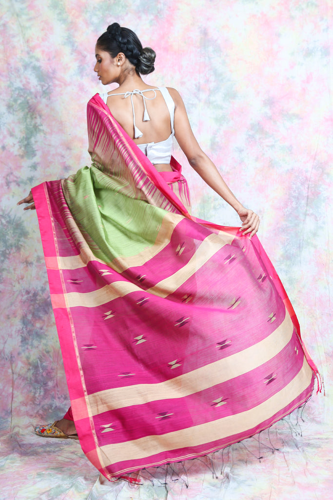 Light Green & Pink Ikkat Style Handloom Saree freeshipping - Charukriti
