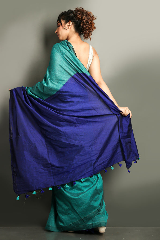 Teal Blue Khadi Cotton Saree With Royal Blue Pallu freeshipping - Charukriti