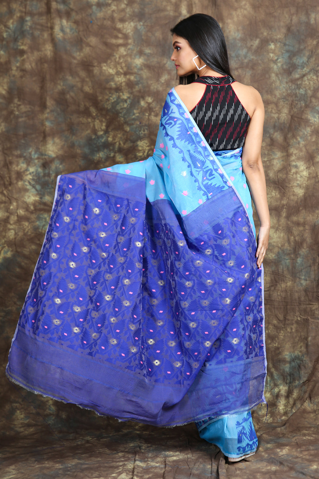 Royal Blue Cotton Silk handwoven soft Jamdani saree - Charukriti - 4119357