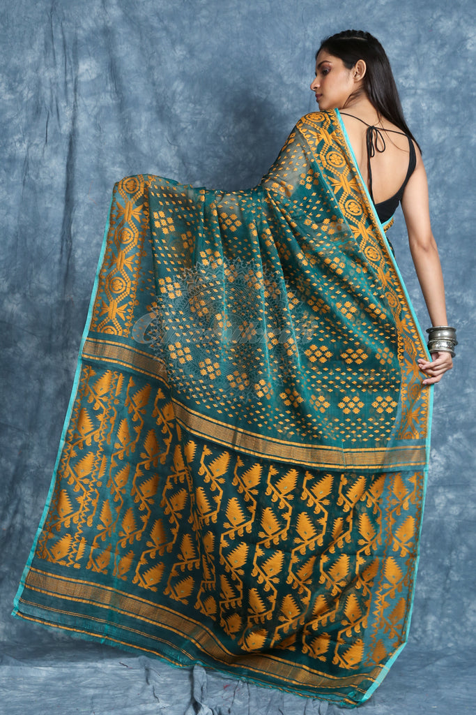 Teal Jamdani Saree Wih Allover Buti Weaving freeshipping - Charukriti