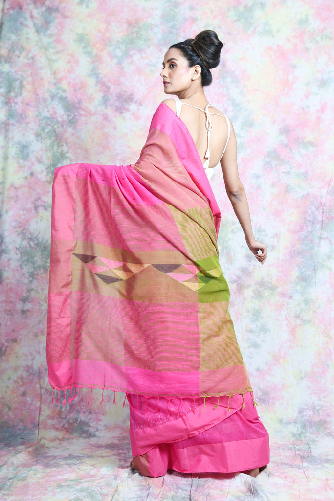 Pink Cotton Saree With Geometrics Pallu freeshipping - Charukriti