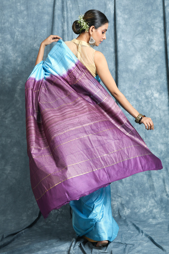 Sky Blue Gheecha Saree With Allover Stripes freeshipping - Charukriti