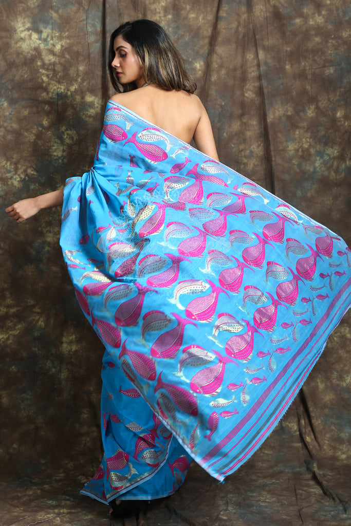 The Azure Blue Color Saree Is Crafted With Pink & Copper Zari Fish Motive Work All Over The Body And Pallu - Charukriti.co.in