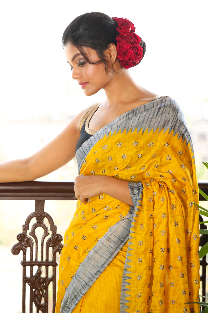 Yellow Silk Saree With Butta freeshipping - Charukriti