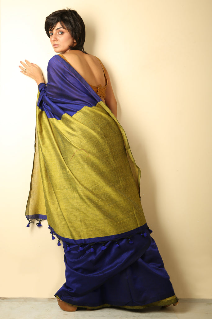 Blue Khadi Cotton Saree With Corn Yellow Pallu freeshipping - Charukriti