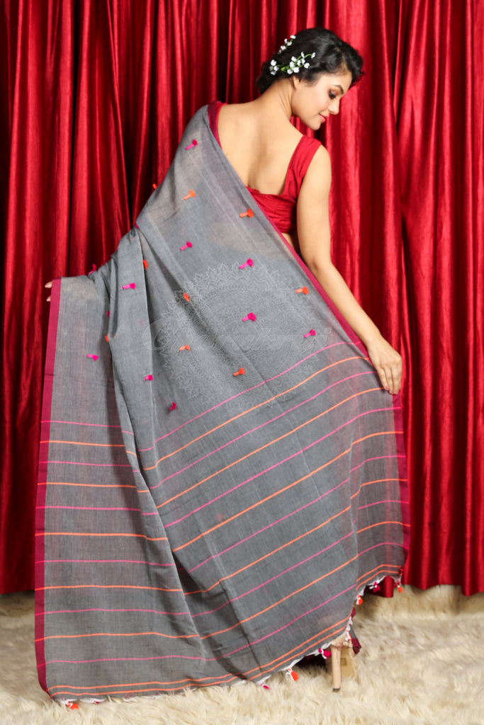 Grey Cotton Handloom With Thread Buti Work freeshipping - Charukriti